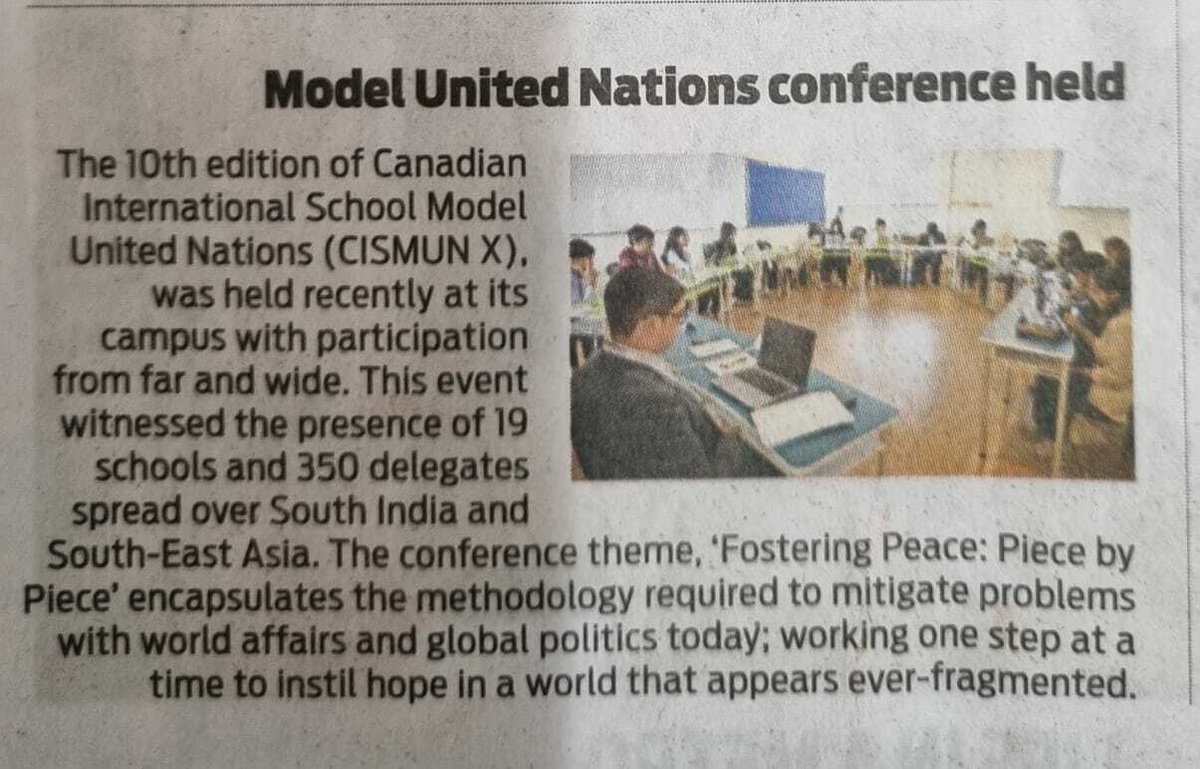 cmrnps's tweet photo. Shlok Nimbalkar, impressed us at the Canadian International School MUN, not only by receiving a Distinguished Delegate Award, but also by being featured in the Bengaluru edition of "The New Indian Express City, Bengaluru Express." https://t.co/YYLLnWkz4A