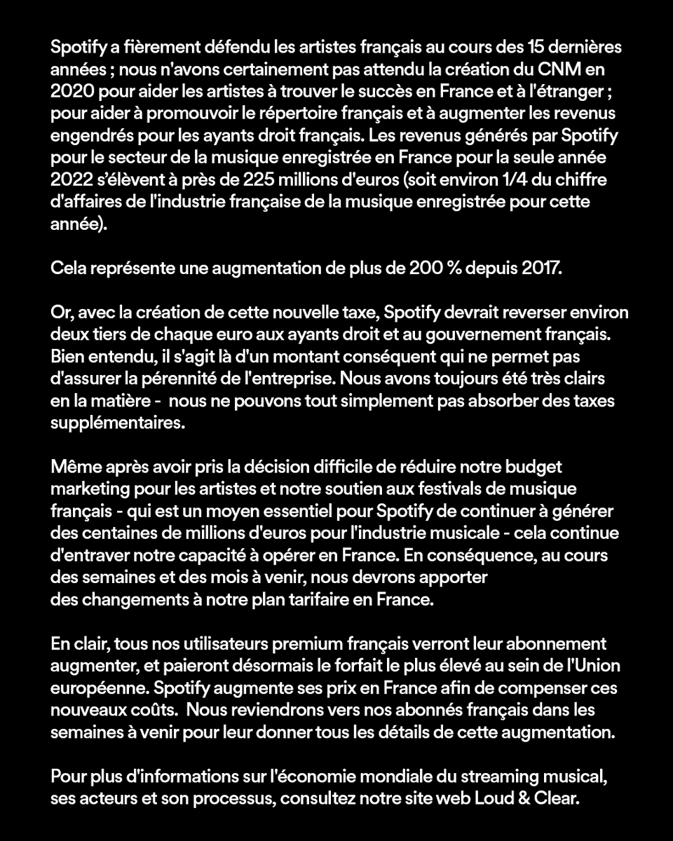 JVCom's tweet photo. Spotify va AUGMENTER ses prix en France !

La raison : la taxe CNM imposée par le gouvernement sur les services de streaming.

"Nous avons tout fait pour éviter d'en arriver là, malheureusement le gouvernement français en a décidé autrement." https://t.co/4RJvybBsSd