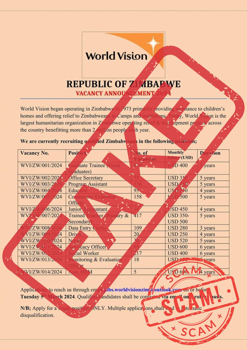 WorldVisionZim's tweet photo. Beware of scammers out there. @WorldVision recruitment processes are done online via https://t.co/X096wgZoWD &amp; we do not ask for any payments for opportunities or vacancies.

#WorldVisionZim https://t.co/t7kgd1g9Nk