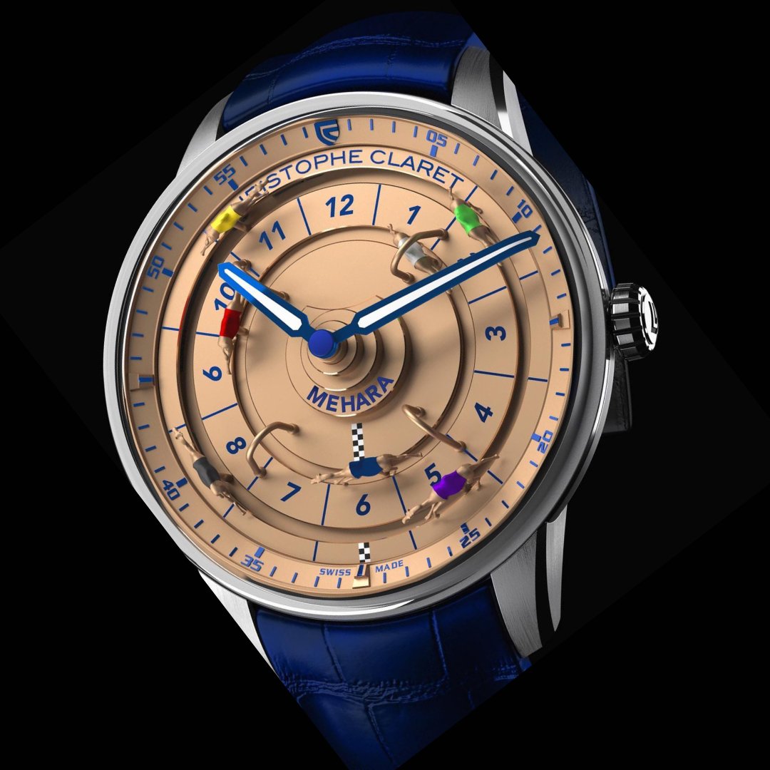 CHRISTOPHE CLARET / MEHARA

This watch not only features fun functions but also tells time with central hands. Press the pusher at 9 o’clock to start the race with a bell. Dromedaries race and rotate until a winner crosses the finish line.

#christopheclaret #hautehorlogerie