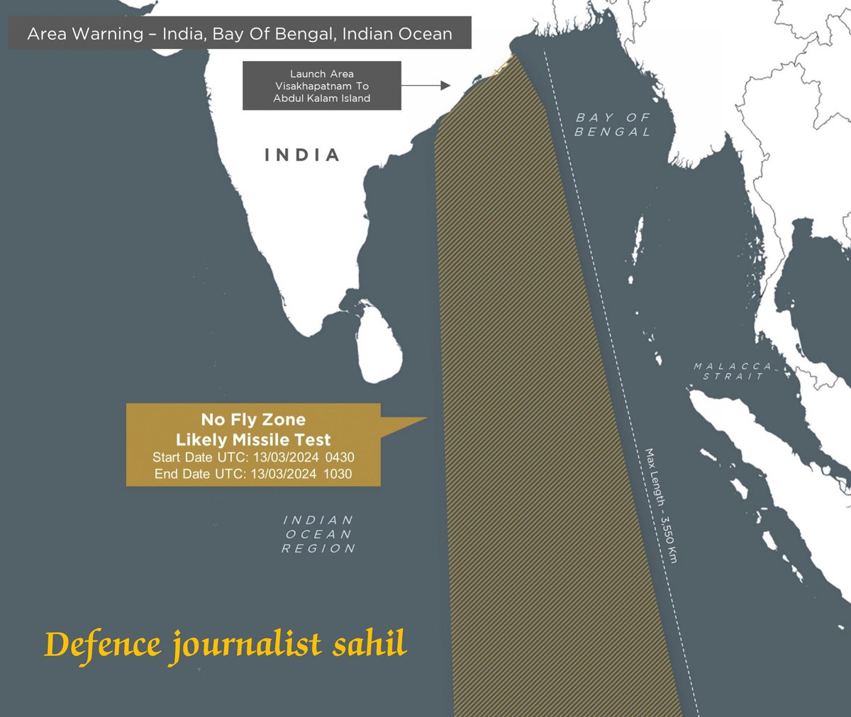 DefenceSahil's tweet image. #AreaWarning #India issues a notification for a very large no fly zone over the Bay Of Bengal &amp;amp; Indian Ocean Region indicative of a likely missile test           

Date | 13 March 2024