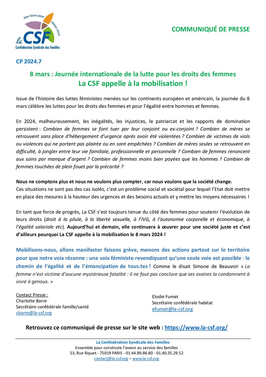 DROITS DES FEMMES
La CSF s’est toujours tenue du côté des #femmes pour soutenir l’évolution de leurs droits (droit à la pilule, à la liberté sexuelle, à l’IVG, à l’autonomie corporelle et économique, à l’égalité salariale etc). Elle appelle à la mobilisation le 8 mars 2024 !