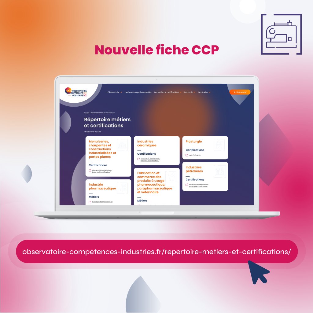 L'Observatoire Compétences Industries (@obs_comp_indus) on Twitter photo L'Observatoire Compétences Industries a mis à disposition une nouvelle fiche de Certificat de Compétence Professionnelle (CCP) concernant la branche Couture Parisienne, une certification en upcycling !
➡️ À retrouver ici : observatoire-competences-industries.fr/certifications…
#OPMQ #industrie #compétences L'Observatoire Compétences Industries a mis à disposition une nouvelle fiche de Certificat de Compétence Professionnelle (CCP) concernant la branche Couture Parisienne, une certification en upcycling !
➡️ À retrouver ici : observatoire-competences-industries.fr/certifications…
#OPMQ #industrie #compétences