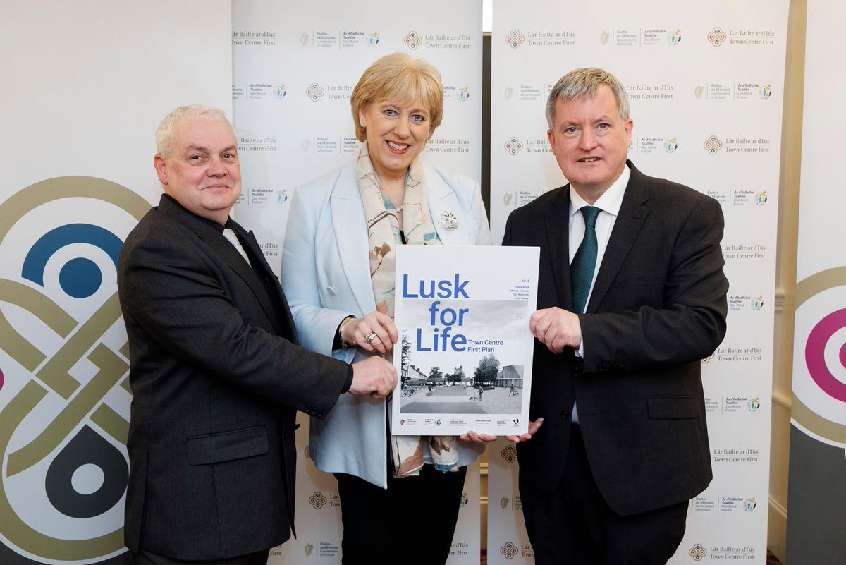 Declan Ryan, Town Regeneration Officer, Fingal County Council, left, pictured with Heather Humphreys, Minister for Rural and Community Development and Minister of State for Local Government and Planning, Kieran O’Donnell, at an event in Adare, Co Limerick, to mark local…