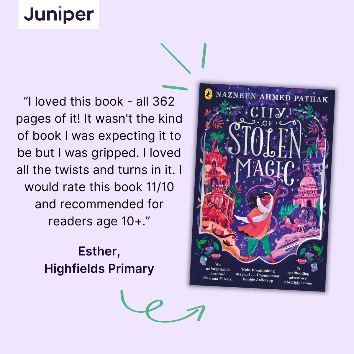 Esther from Highfields Primary reviews City of Stolen Magin by @nazneen372: 'I loved this book - all 362 pages of it!' #WorldBookDay #JuniperBookAwards