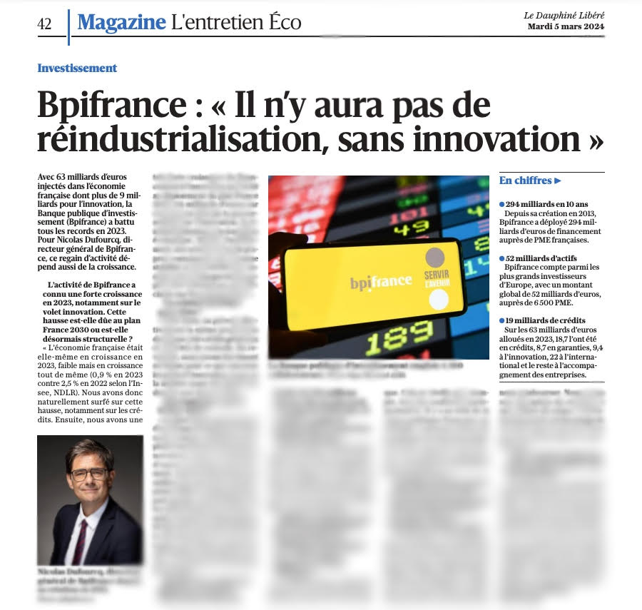 Il n'y aura pas de réindustrialisation sans innovation !

Entretien avec la presse régionale du groupe <a href="/EBRApresse/">EBRA Info</a> pour revenir sur le Bilan d'activité 2023 de <a href="/Bpifrance/">Bpifrance</a> et notre feuille de route.

▶️ leprogres.fr/economie/2024/…