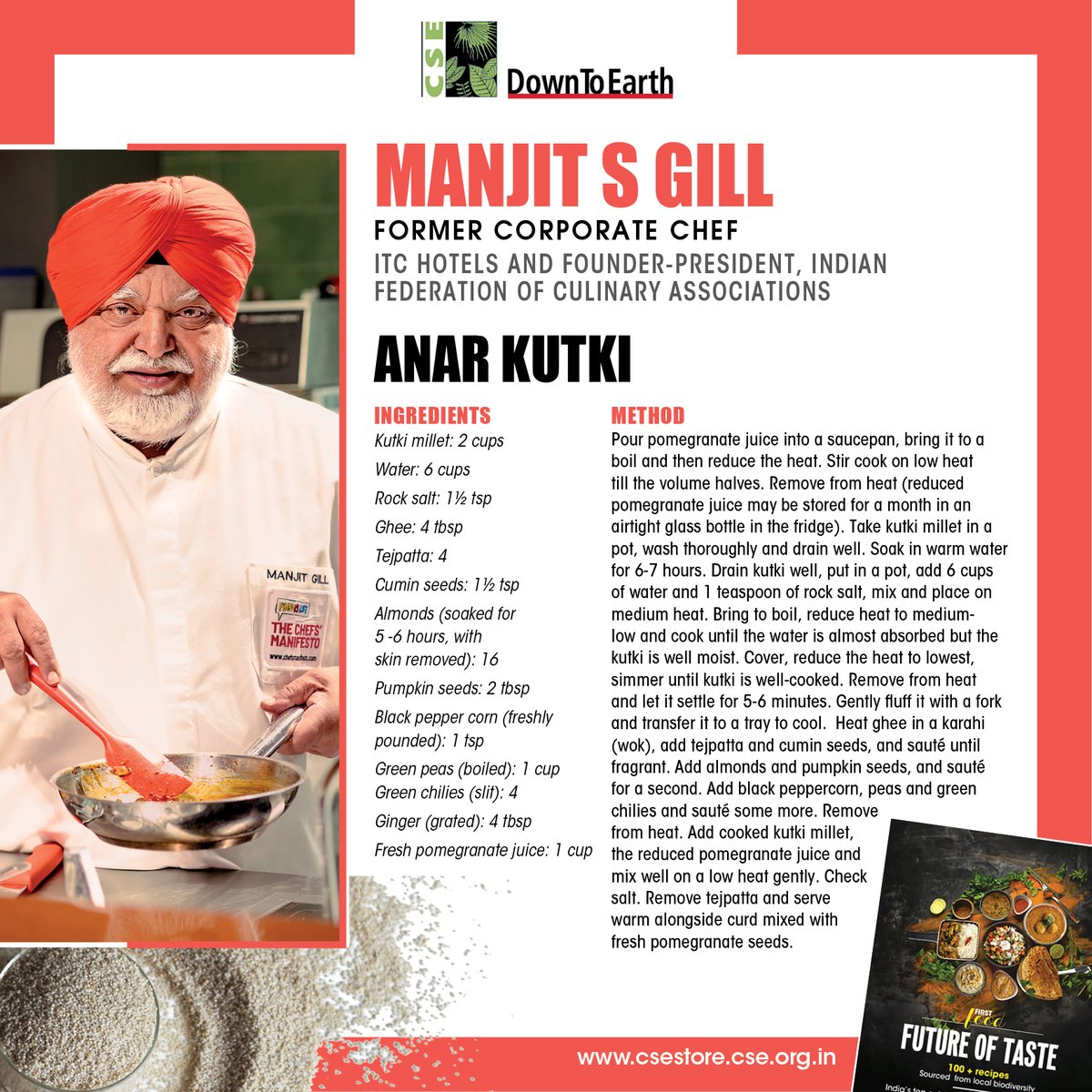 Chef Manjit S Gill combines Kutki Milllet with pomegranate juice to prepare a refreshing dish! downtoearth.org.in/news/food/pani… Find more such recipes in our upcoming book 'Future of Taste' to be released March 12, 6pm onwards, at @IHCDelhi. Register here: cseindia.org/book-release-f…