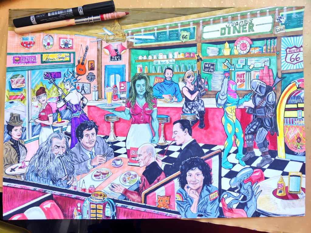 Chema_Ponze's tweet photo. ¡YA ESTÁ AQUÍ EL DINNER FRIKI!
¡Buenos días y feliz Jueves!
Aquí está la ilustración en la que he estado trabajando estos dos últimos meses, un Dinner plagado de personajes del cine, la TV y los videojuegos.
¿A cuántos de ellos reconoces?
(En el tuit de abajo los tenéis todos) https://t.co/LsU0cOuJNd
