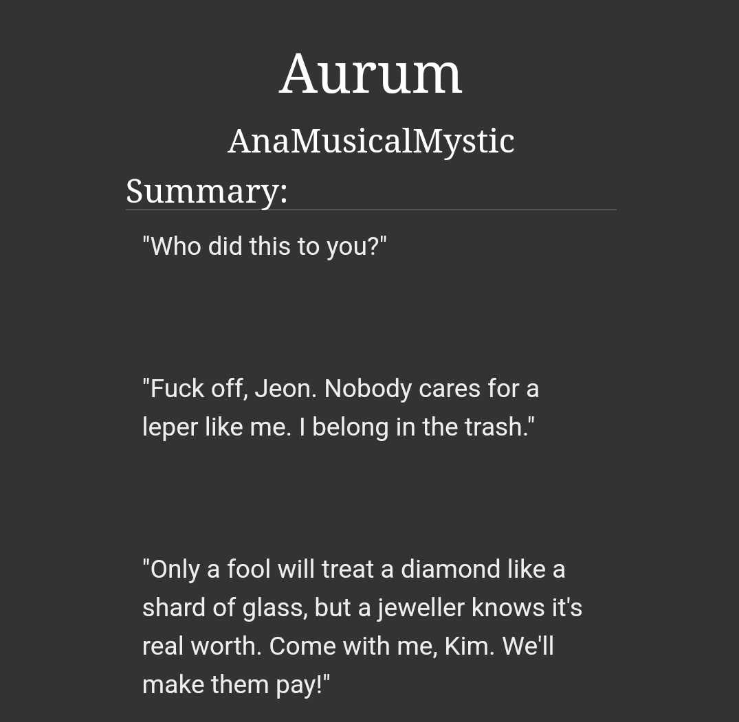 Aurum 
author: <a href="/musicalmystic1/">Ana ⊙⊝⊜</a> 
archiveofourown.org/works/51515824…