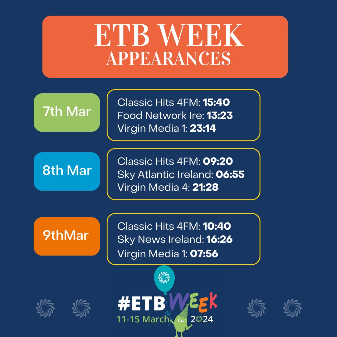 In case you haven't seen our ads in the lead up to #ETBWEEK on @ClassicHitsRdio, @Sky or @Virgin, here are a few times over the coming days that you can see and hear it! For more information on ETB Week, visit etbi.ie and keep up with the conversation using…