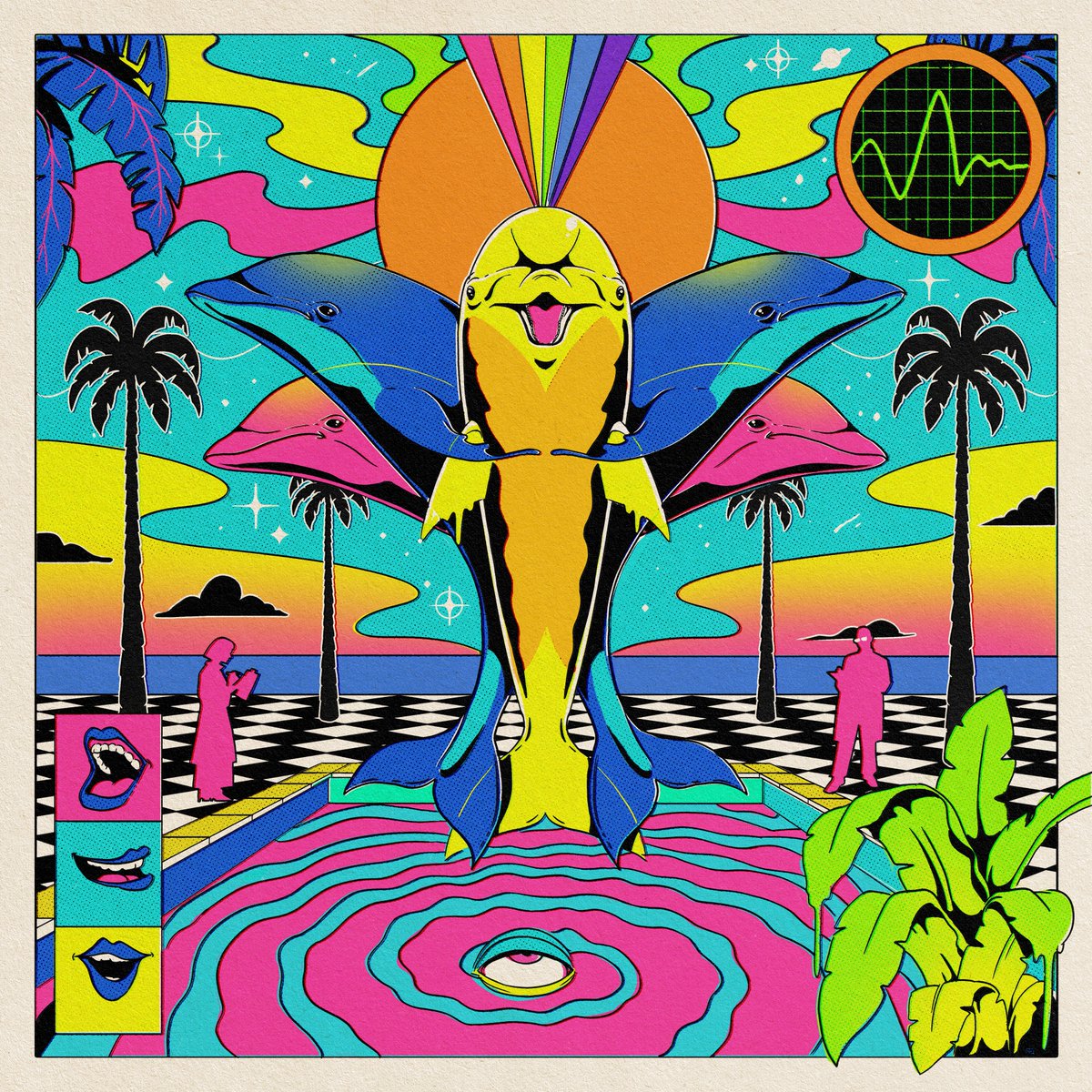 Illustration for The Chronicle of Higher Education. The article ‘Tripping on LSD at the Dolphin Research Lab’ is the insane story of how a 1960’s interspecies communication experiment in the Caribbean went haywire, after a mad scientist started giving the dolphins acid 🐬🌈🫠