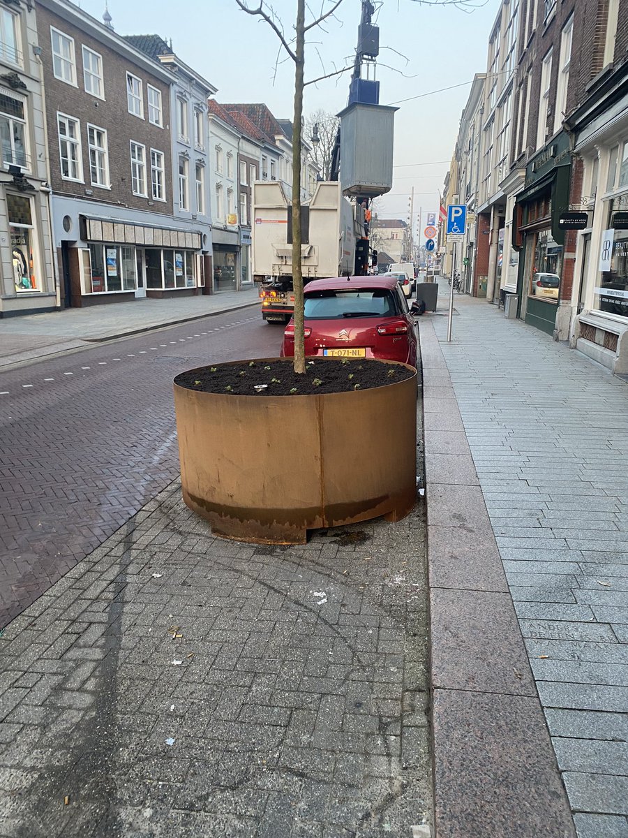 Ineens plantenbakken in de Hinthamerstraat op stoepen en parkeerplaatsen. Bijzonder en wat onhandig. Wat is het doel? Ik vermoed niet dat ze er staan om meer groen in de straat te krijgen. Wat is het idee? <a href="/shertogenbosch/">'s-Hertogenbosch</a>