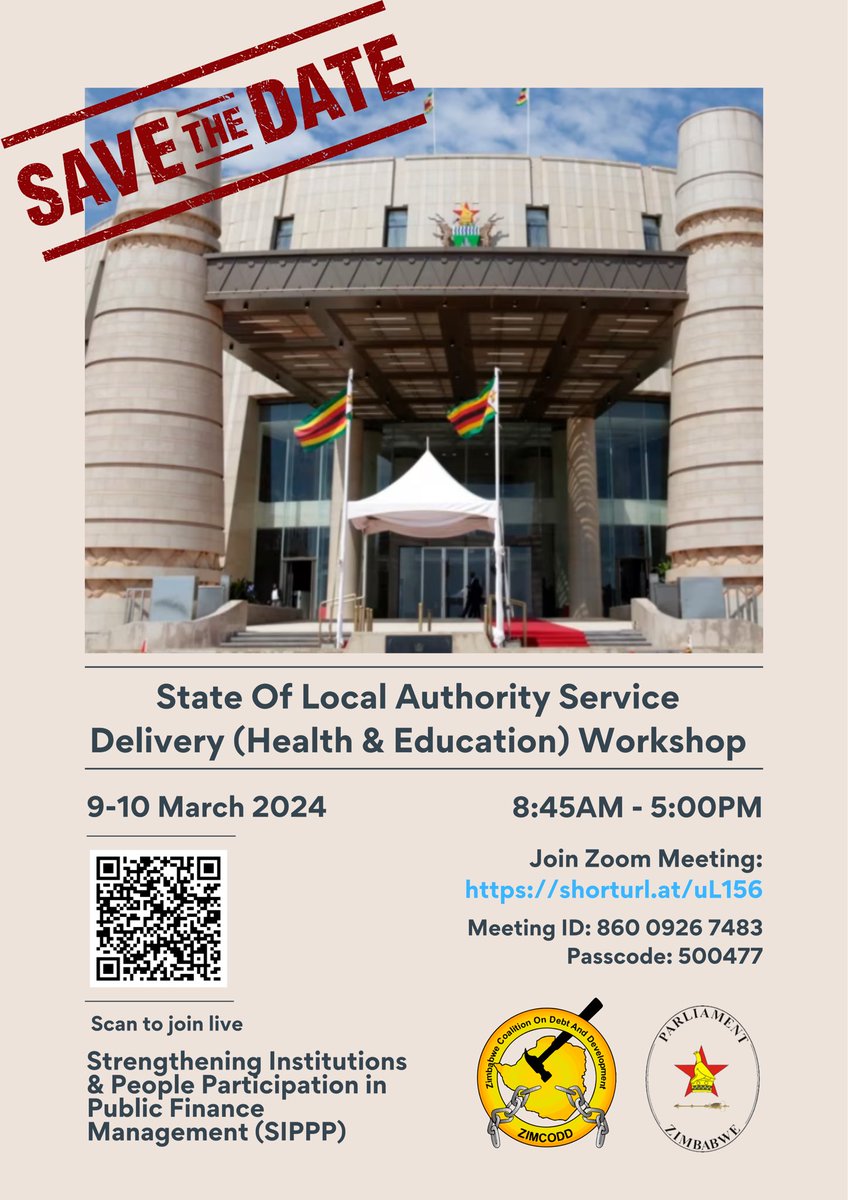 ZIMCODD1's tweet photo. We’re cohosting a workshop on the State of Service delivery in Local Authorities together with @ParliamentZim. 

Save the dates: 9-10 March. 

Join on Zoom: https://t.co/BUWjCnde48 
#ServiceDelivery #PublicAccountability #Oversight https://t.co/Q91rkhy76C