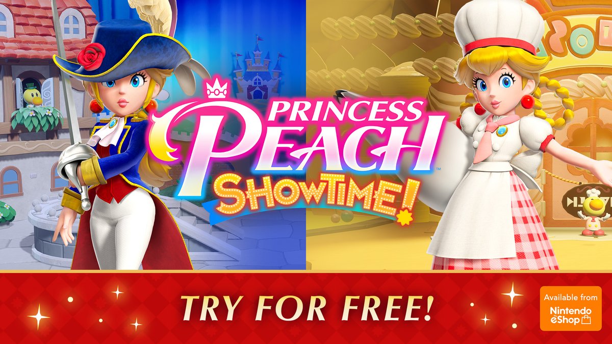 A free demo of #PrincessPeachShowtime is now available! Get into the act today with the Swordfighter Peach and Patissiere Peach transformations. Try it for free: spkl.io/60164IsSi