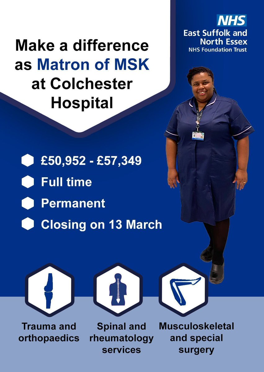 recruitmentESN2's tweet photo. #TeamESNEFT are on the lookout for a #Matron who's passionate about MSK to lead our amazing team of #Nurses 👇 

💻 Apply here: https://t.co/mGmQV7Ymoo 

#NHS #NHSJobs #Nursing #Nurses #MSK #Surgery #Hospital #Colchester #Healthcare @nmcnews @The_HCPC https://t.co/xGQY5wIFEI