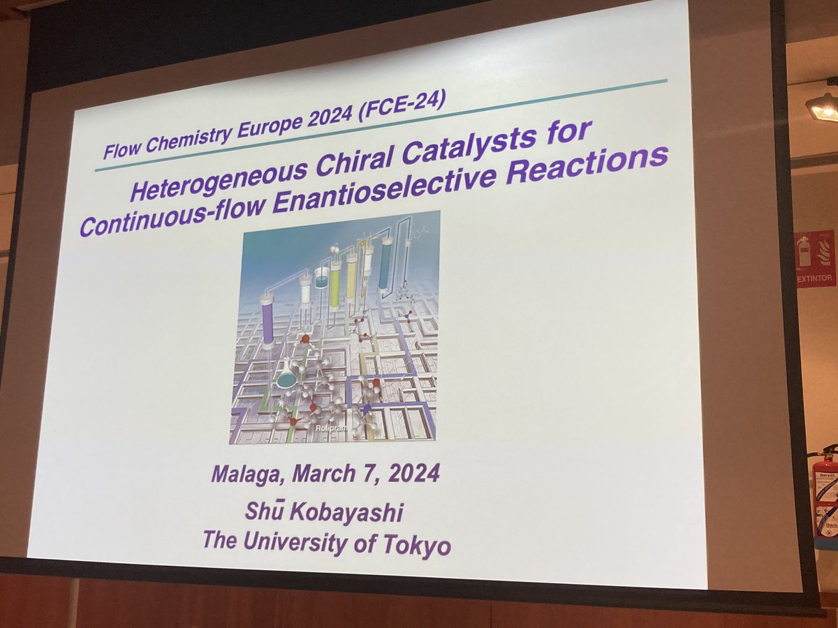 Last speaker before coffee break is @ShuKobayashiLab 🇯🇵 with a talk about heterogeneous chiral catalysis in flow #FCE24