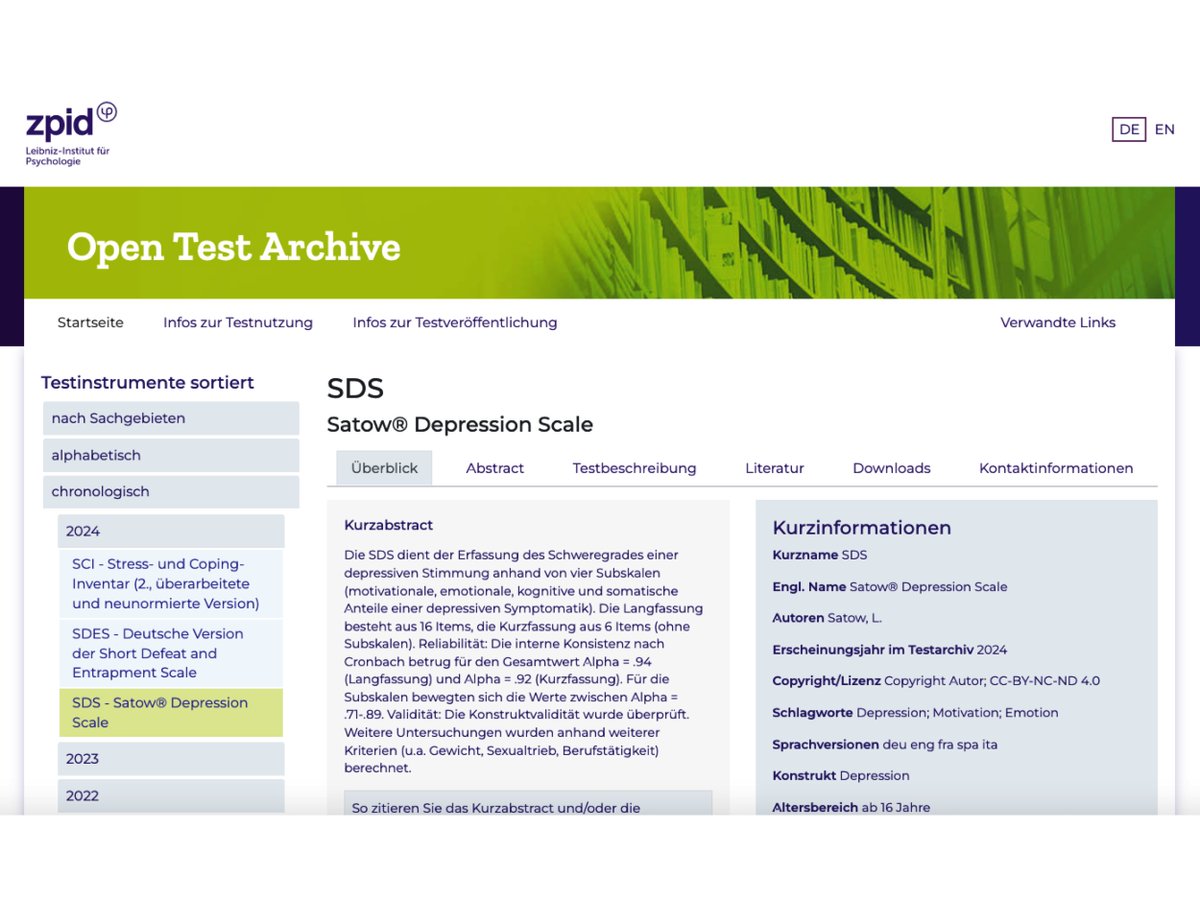 ZPID's tweet photo. 👉👉Zwei neue Testinstrumente zu Depression (SDS) und Suizidalität (SDES) im Open Test Archive des #ZPID. 👈👈
Sie können kostenfrei für die Forschung genutzt werden + sind hier zu finden: 🔗 https://t.co/UnpNmHHWFd
#OpenScience #tests #free #forschung
#depression #suizidalität https://t.co/M7YkHlJDwh