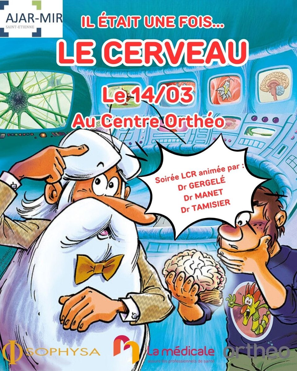 🧠 Soirée Neuro !
📅Le 14/03 à 19h15 au centre Orthéo, à Saint-Étienne.
Thème : le LCR

💧 Hydrocéphalies par Le Dr  Gergelé
🔍 Explorations du LCR par le Dr Mannet
🦠Infections de DVE et Ventriculites par le Dr  Tamisier

Suivi d'un buffet et apéritif dinatoire ! 🍻🍡