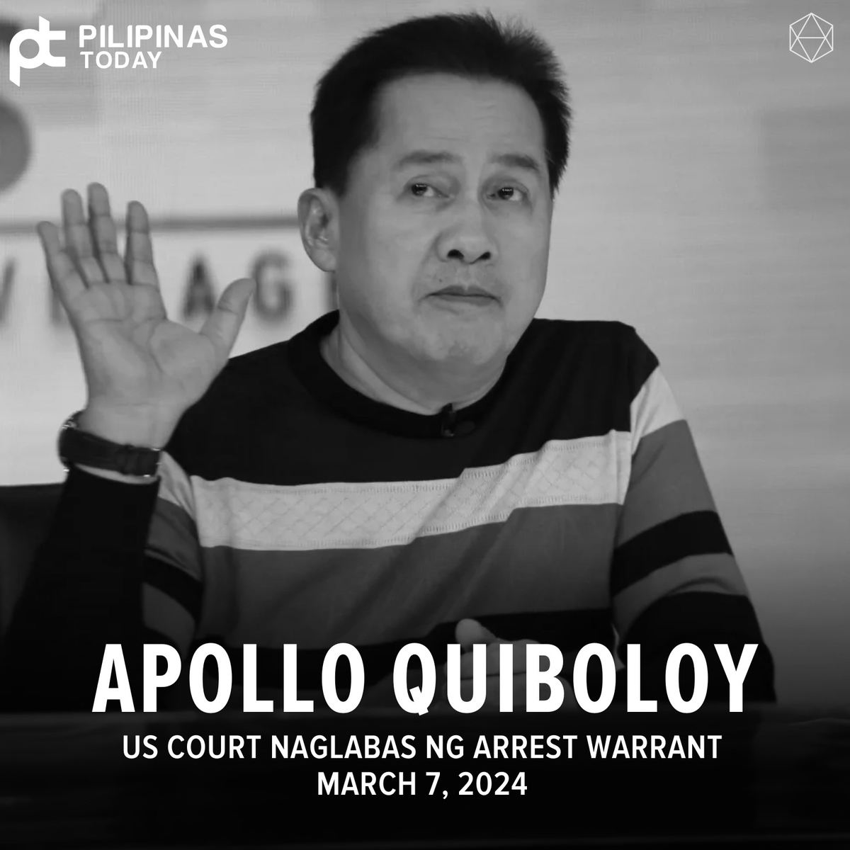 PilipinasToday_'s tweet photo. ARREST WARRANT VS. QUIBOLOY, INILABAS NA NG US COURT

Pinangunahan ng US Department of Justice – Criminal Division ang pag-unseal ng warrant of arrest laban kay Kingdom of Jesus Christ (KOJC) leader Apollo Quiboloy at kanyang kapwa akusado bilang senyales  na isasama na sila sa Red Notice ng Interpol.

Sa report ng GMA News, ang pag-unseal ng arrest warrant ng US court authorities laban kay Quiboloy at kanyang mga kasamahay ay kaugnay sa kasong 43 counts of sex trafficking by force, fraud and coercion, at bulk cash smuggling na kanyang kinahaharap sa naturang bansa.

Base sa ulat, ipinagutos ni Central District of California Judge Terry Hatter Jr. ang unsealing of arrest warrant base sa kahilingan ng US Attorney for Criminal Division na humahawak sa kaso ni Quiboloy. 

Ito ay nangangahulugang maaari nang isama si Quiboloy sa Red Notice ng International Police Organization o Interpol at sakaling magawa na ito, siya ay maaari nang posasan ng mga law enforcement agencies mula sa lugar na kanyang kinaroroonan.

Una nang inilagay ng US Federal Bureau of Investigation (FBI) sa wanted list nito noong Pebrero 2022. Matatandaan na naglabas si Quiboloy ng kanyang video kung saan iginiit nito na siya ay nasa Pilipinas at hindi nagtatago sa ibang bansa.

#PilipinasToday
#ApolloQuiboloy