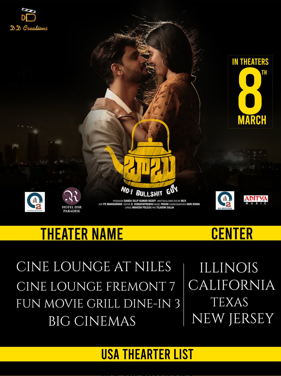 BabuTheFilm's tweet photo. Here’s the USA🇺🇸 theaters list of #BABU ~ No.1 Bullshit Guy, in cinemas from tomorrow! 

Go Book your tickets now 💥

#BABUNo1BullshitGuyOnMarch8th

@ArjunKalyan @KushithaKallapu @Dir_MLR @DDCreationsOffl #Pavan #MaheshPoloju #DanduDilipKumarReddy #PSManikarnan @BabuTheFilm https://t.co/RLsD0bfrmr