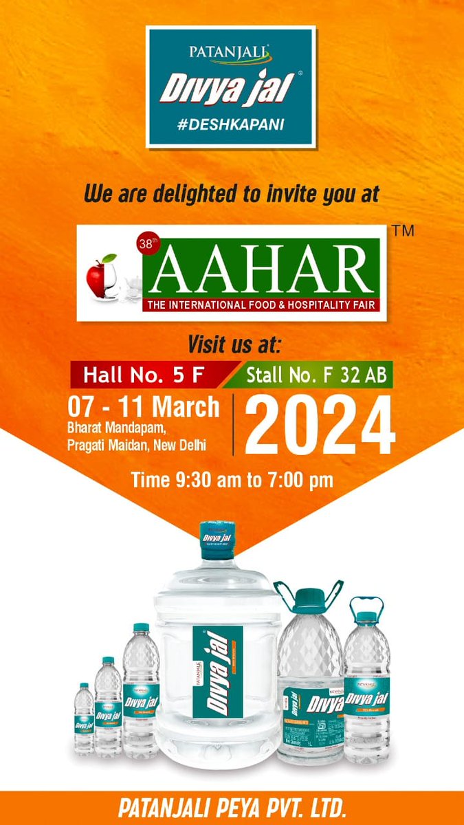 Aahar is here!
See you all at our stall TOMORROW...
VENUE: Pragati Maidan, Delhi
Hall no: 5
Stall No: F 32 AB
DATE: 07th-11th March 2024
#PatanjaliProducts #DivyaJal #deshkapani