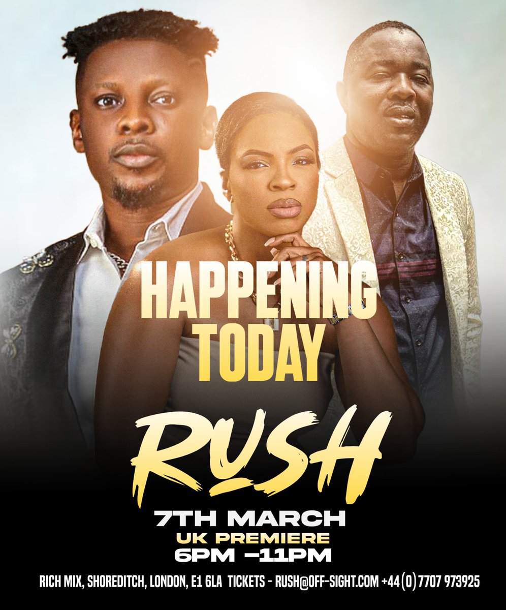 themovie_rush's tweet photo. Today is the D-Day💃for the UK movie premiere of “Rush” produced by Dada Olasunkanmi and directed by Titi Jeje. Join us for this captivating event unfolding today at 6 pm at Rich Mix, Shoreditch, London, E1 6LA.

✨ Don’t miss the glamorous red carpet starting at 5:30 pm 🤩☺️ https://t.co/fNrqsYRAou