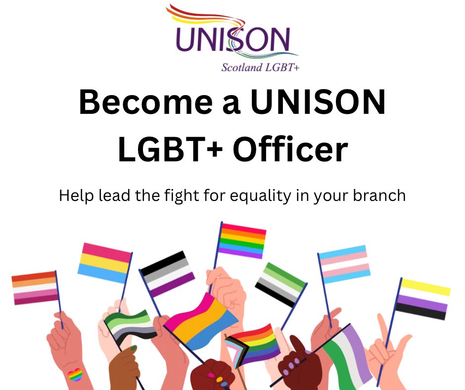 In this year of LGBT+ workers why not become active in your Branch?

Help us fight for equality by becoming your local LGBT+ officer.

Ask your Branch about the position, and why not consider applying .

#unisonscot #unisontheunion #yearoflgbtplusworkers