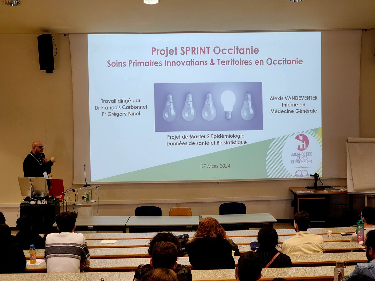 <a href="/VDVAlexis/">Alexis Vdv</a> présente SPRINT, programme de recherche sur les innovations en soins primaires dans les territoires.👌
Merci à <a href="/ARS_OC/">ARS Occitanie</a> et <a href="/DJARSOccitanie/">Didier Jaffre</a> pour leur soutien fort.
Nous avons la chance 🍀d'avoir bcp de jeunes chercheurs brillants (mais peu de postes pour les garder).