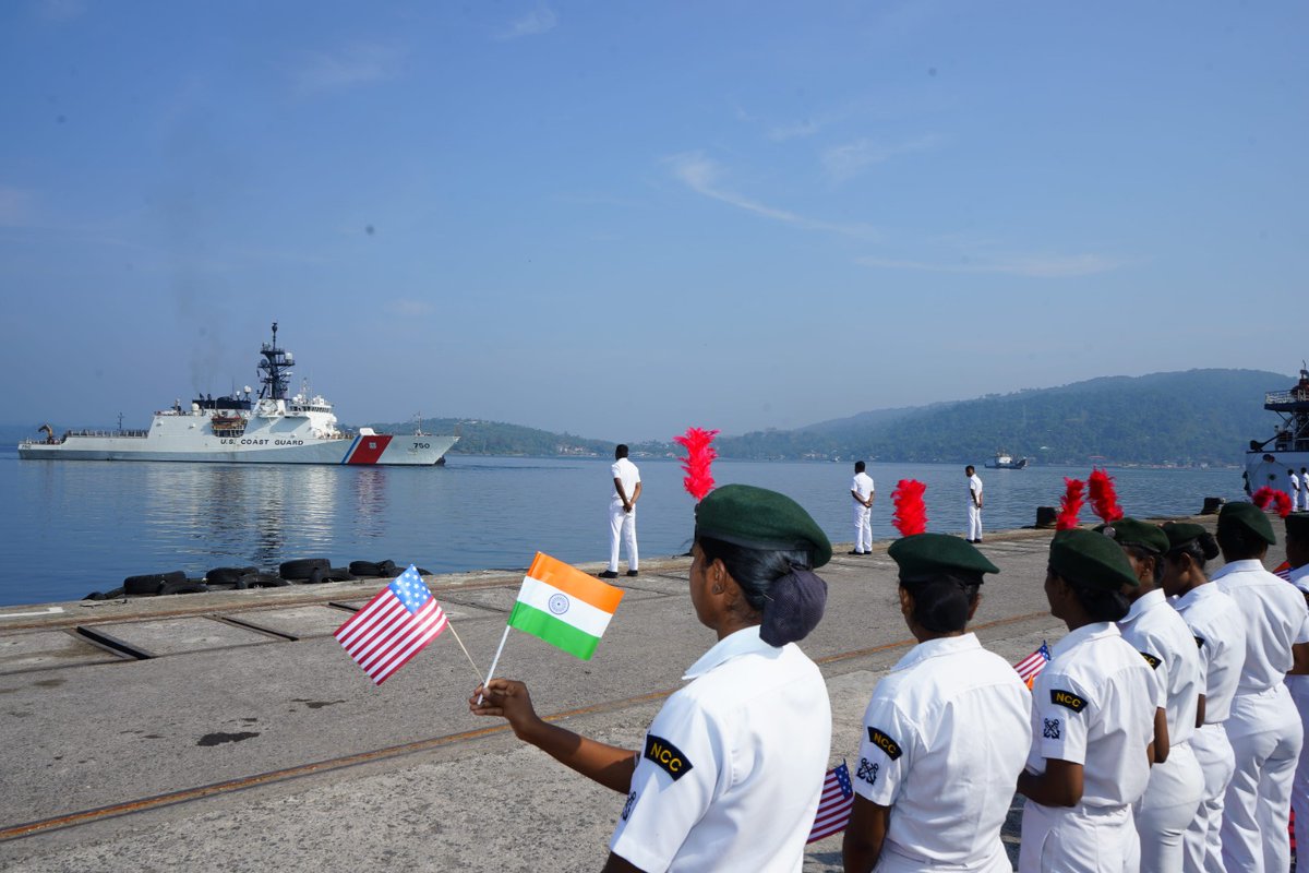 IndiaCoastGuard's tweet photo. @IndiaCoastGuard Regional HQ(A&amp;N) welcomed #USCG Cutter Bertholf at #PortBlair on 07 Mar 24. Visit underscores friendly ties &amp; mutual cooperation between countries through collaboration on shared values of maritime safety &amp; security.
@giridhararamane 
@USCG https://t.co/v94hv9y6SL