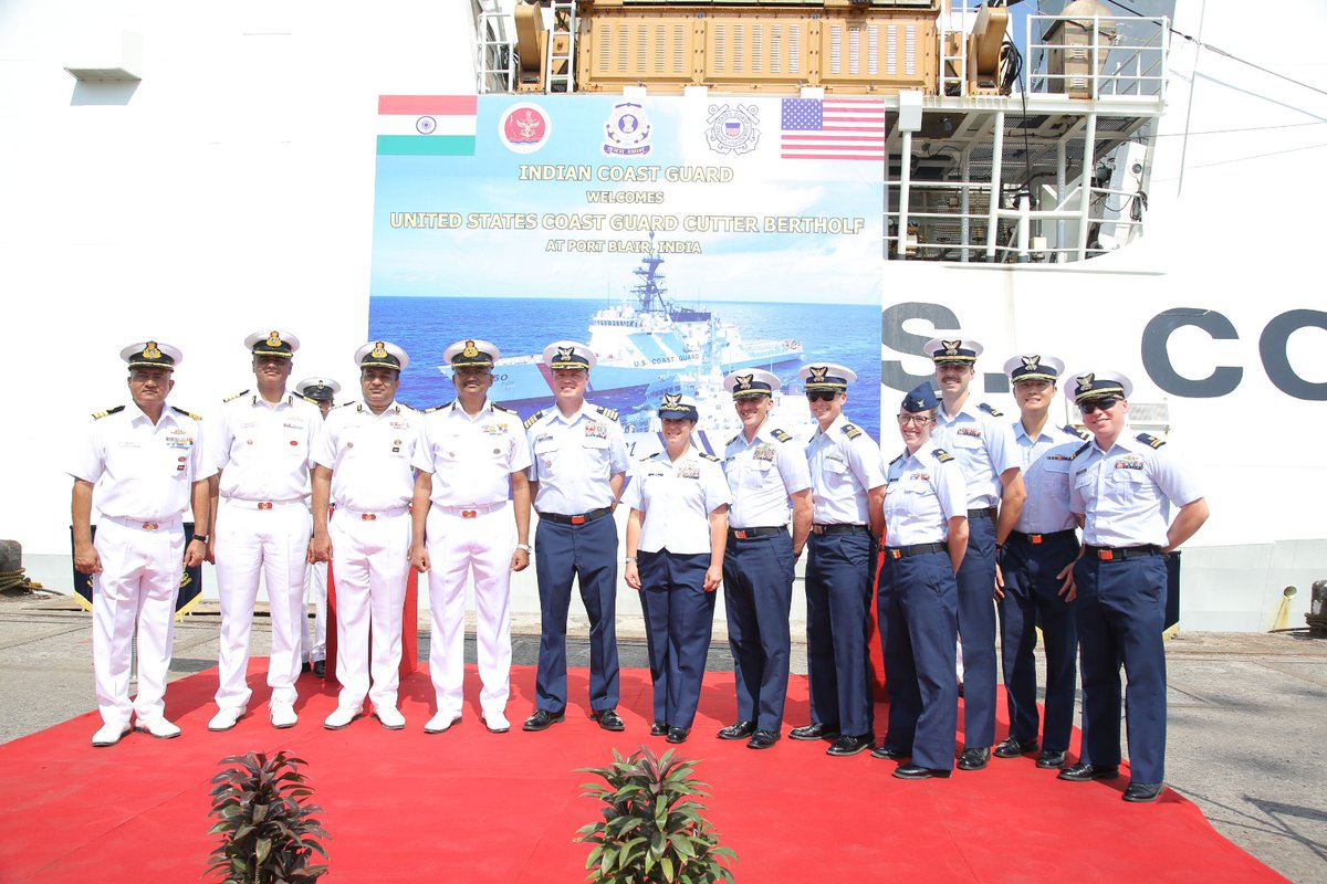 IndiaCoastGuard's tweet photo. @IndiaCoastGuard Regional HQ(A&amp;N) welcomed #USCG Cutter Bertholf at #PortBlair on 07 Mar 24. Visit underscores friendly ties &amp; mutual cooperation between countries through collaboration on shared values of maritime safety &amp; security.
@giridhararamane 
@USCG https://t.co/v94hv9y6SL
