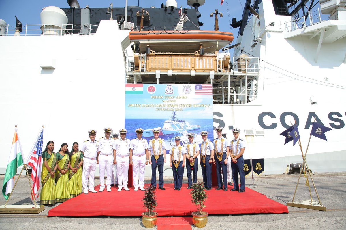 IndiaCoastGuard's tweet photo. @IndiaCoastGuard Regional HQ(A&amp;N) welcomed #USCG Cutter Bertholf at #PortBlair on 07 Mar 24. Visit underscores friendly ties &amp; mutual cooperation between countries through collaboration on shared values of maritime safety &amp; security.
@giridhararamane 
@USCG https://t.co/v94hv9y6SL