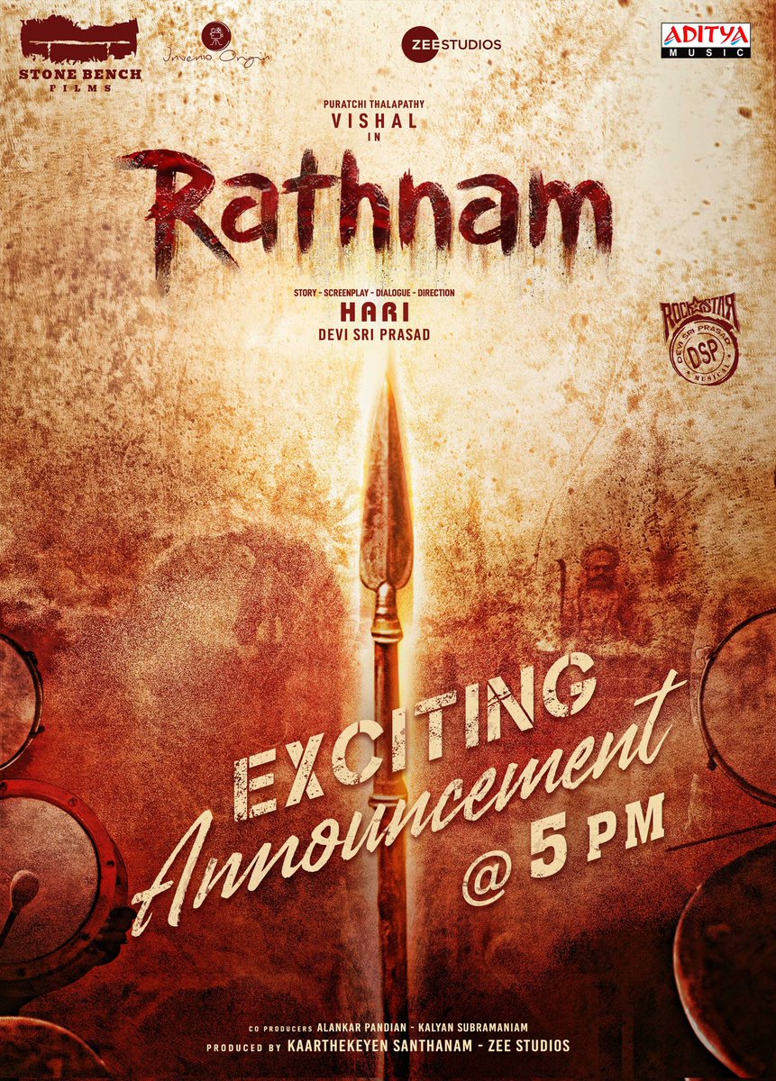 Buckle up for excitement as team #Rathnam gear up for a thrilling announcement today at 5 PM! Stay tuned to @AdityaTamil_ for the big reveal. A film by #Hari. A @ThisisDSP musical. @VishalKOfficial @priya_Bshankar @ZeeStudiosSouth @mynnasukumar #TSJay @dhilipaction