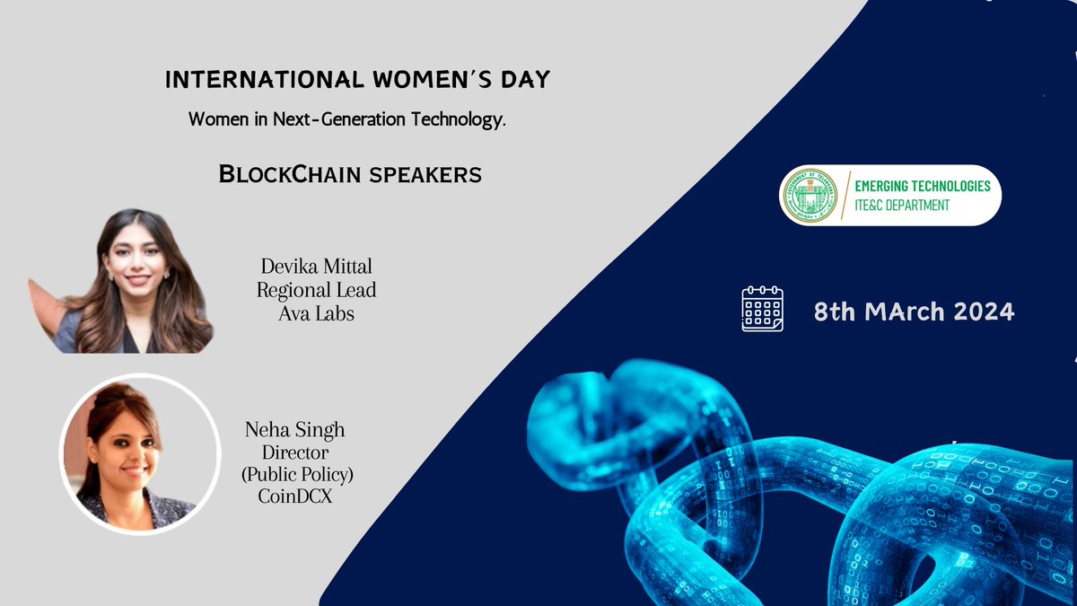 👧Celebrate International Women's Day with @EmergingTechTS 📲Delve into captivating discussions on women in Blockchain with @MittalDevika, @avax & @_Neha_Singh__, @CoinDCX at #LinkedInLive on March 8th, 2024 🔔Stay Tuned for more details 👥@jayesh_ranjan | @ramadevi_lanka