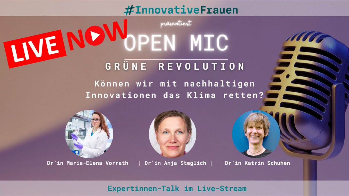 🔥Jetzt dabei sein: Um 11 Uhr startet unser Expertinnen-Livetalk #OpenMic zum Thema "Grüne Revolution! Können wir mit nachhaltigen Innovationen das #Klima retten?" Hier gehts direkt zum Talk auf #Youtube.👉 youtu.be/nhIxAnOh6Kc 
Der Chat ist für Fragen geöffnet!
#Klimakrise