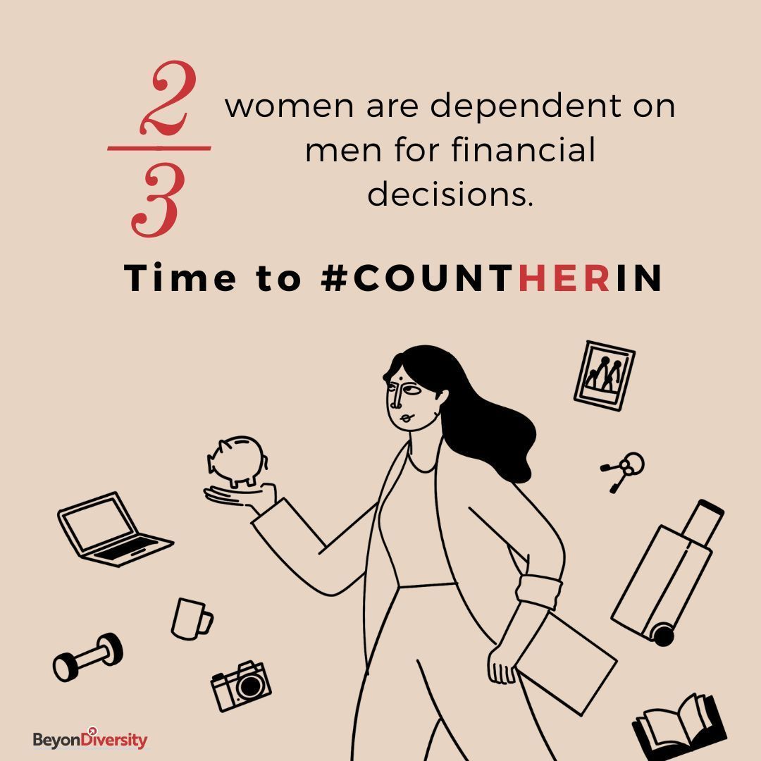 2 out of 3 women are dependent on men for financial decisions. Time to #CountHerIn #financialindependence #womenempowerment #indianwomen #CountHerIn #EmpowerWomen #IWD2024