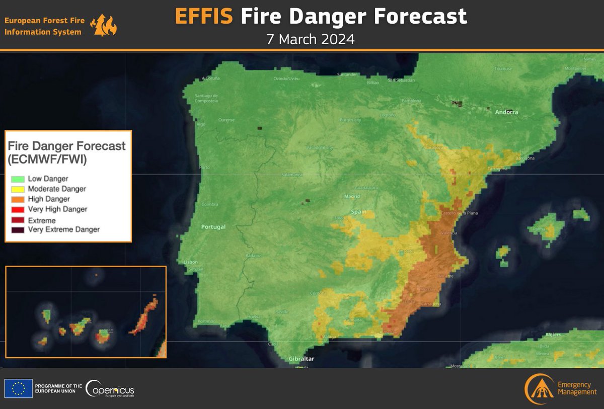 Today's #EFFIS Fire Danger Forecast🔥for the Iberian Peninsula shows 🟠High Danger levels in areas of the #Murcia, #Andalucía, & #ComunitatValenciana regions, in #Spain 🔴Very High Danger levels in areas of the #Canarias 🇪🇸 🔗effis.jrc.ec.europa.eu/apps/effis_cur…