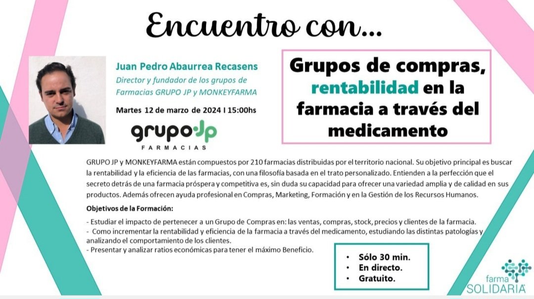 📢 Vuelve encuentros con...

Este mes con Juan Pedro Abaurrea de JP Farmacias.
Si quieres optimizar la gestión de tu farmacia, no dudes en acompañarnos.

🗓 Martes 12 de marzo
🕜 15:00 horas
Gratuito

👉INSCRÍBETE AQUÍ: acortar.link/YMxhpe
