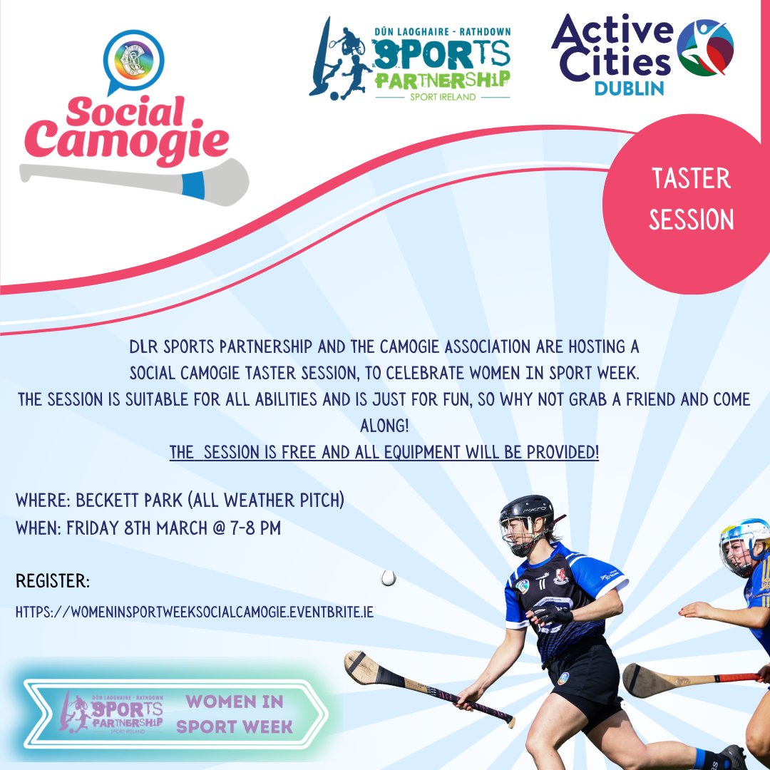 OfficialCamogie's tweet image. The Camogie Association and @dlrSportsTeam are hosting a free Social Camogie Taster Session, to celebrate #WomenInSportWeek tomorrow evening. 🎉

🗓️Friday 8th March
🕜7pm - 8pm
📍Beckett Park

More information here: shorturl.at/eisA6

#SocialCamogie
#OurGameOurPassion