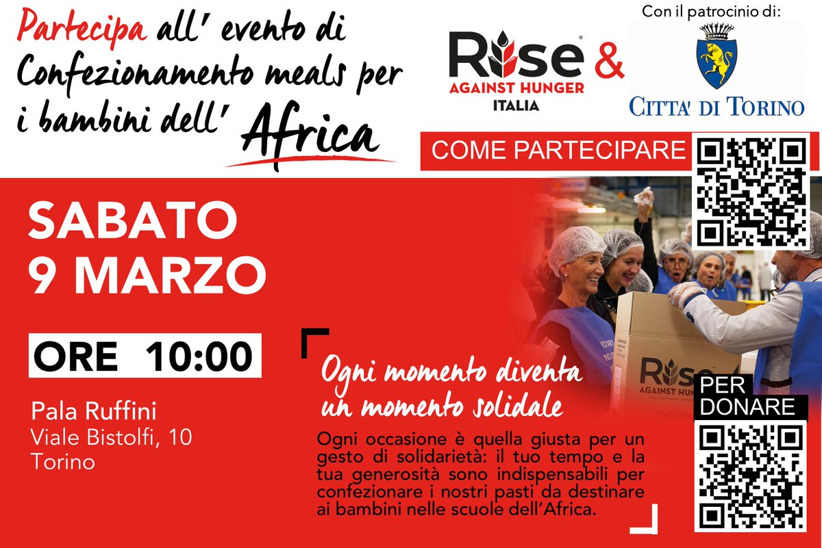 twitorino's tweet photo. Torino e #riseagainsthungeritalia sostengono la scolarizzazione dei bambini in Africa attraverso pasti distribuiti nelle scuole.
Sab 9 aiutaci a confezionare 50.000 meals. 
🗓️Appuntamento al Pala Ruffini - h.10
👉 https://t.co/ia4vmdoQ2q 
#FameZero #Agenda2030 https://t.co/r8sjqlQBaM