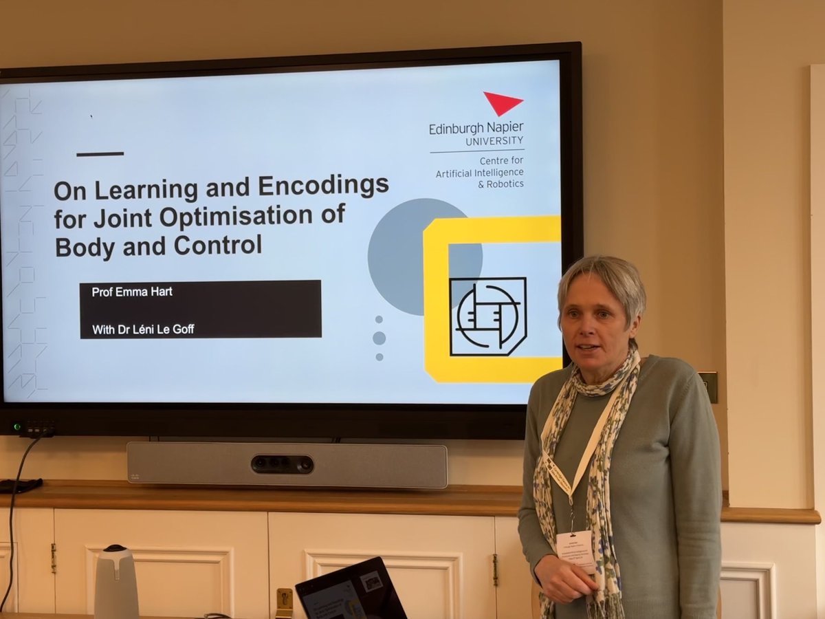 Enjoying presenting our recent work in evolutionary robotics at the University of Cambridge at an international workshop on Embodied AI ⁦<a href="/EdNapierSCEBE/">ENU Computing, Engineering & Built Environment</a>⁩