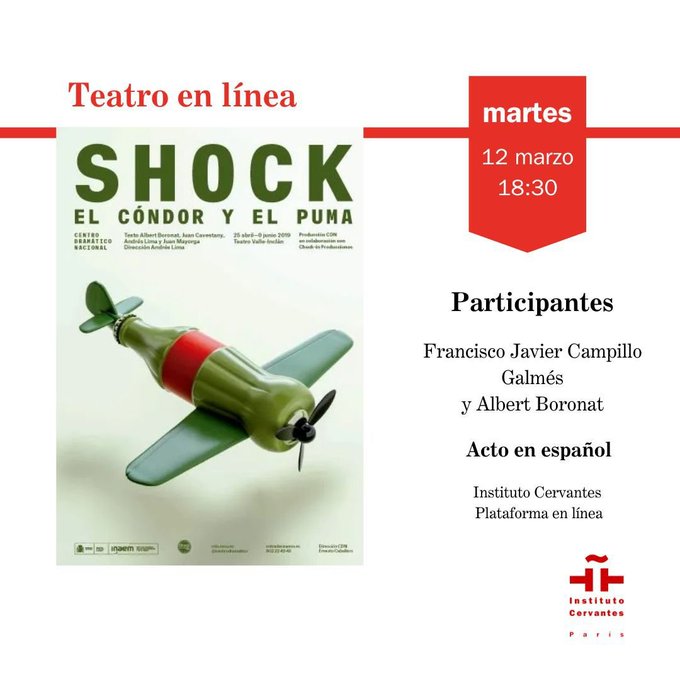 Instituto Cervantes Toulouse (@ictoulouse) on Twitter photo Martes 12 a las 18:30 h.
🎭Cita con el dramaturgo Albert Boronat y diálogo sobre su magnífica obra “Shock 1:El cóndor y el puma.”
ENLACE AL ENCUENTRO Y A LA OBRA en:
cultura.cervantes.es/paris/es/shock…
Desde casa. No te lo pierdas.
<a href="/Paris_IC/">Instituto Cervantes París</a> <a href="/Bibliotecas_IC/">Red de Bibliotecas del Instituto Cervantes (RBIC)</a> <a href="/ICLyon/">Instituto Cervantes Lyon</a> <a href="/ICBordeaux/">Instituto Cervantes Burdeos</a> <a href="/INAEM_Cultura/">INAEM</a> Martes 12 a las 18:30 h.
🎭Cita con el dramaturgo Albert Boronat y diálogo sobre su magnífica obra “Shock 1:El cóndor y el puma.”
ENLACE AL ENCUENTRO Y A LA OBRA en:
cultura.cervantes.es/paris/es/shock…
Desde casa. No te lo pierdas.
<a href="/Paris_IC/">Instituto Cervantes París</a> <a href="/Bibliotecas_IC/">Red de Bibliotecas del Instituto Cervantes (RBIC)</a> <a href="/ICLyon/">Instituto Cervantes Lyon</a> <a href="/ICBordeaux/">Instituto Cervantes Burdeos</a> <a href="/INAEM_Cultura/">INAEM</a>
