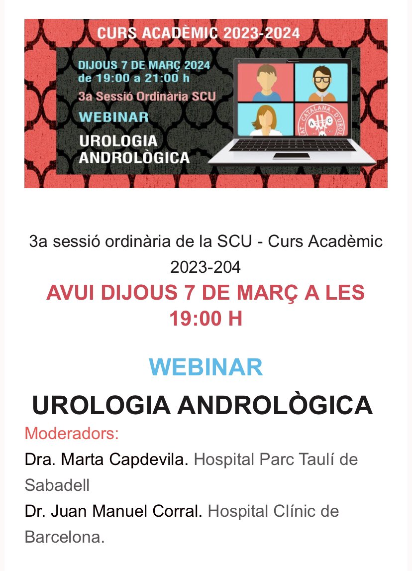 Sessió andrològica avui al Curs Acadèmic 2023-2024 de la SCU amb ponències de Laia Sos de @csapg_ , Josvany Sánchez de @FPuigvert i @sbeato90 de @UroHub No us la perdeu 👇 interacsalut.webex.com/wbxmjs/joinser…