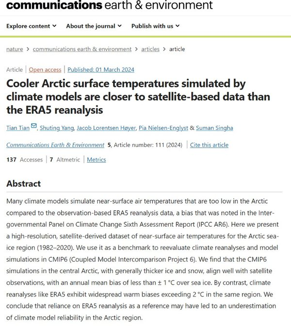 Il modello meteorologico ERA5 ha sbagliato le previsioni  sull'Artico  di quasi 2°C negli ultimi 40 anni.
Inequivocabile l'articolo su Nature.

Altra dimostrazione che i modelli climatici dovrebbero essere presi in considerazione come gli  oroscopi.
nature.com/articles/s4324…