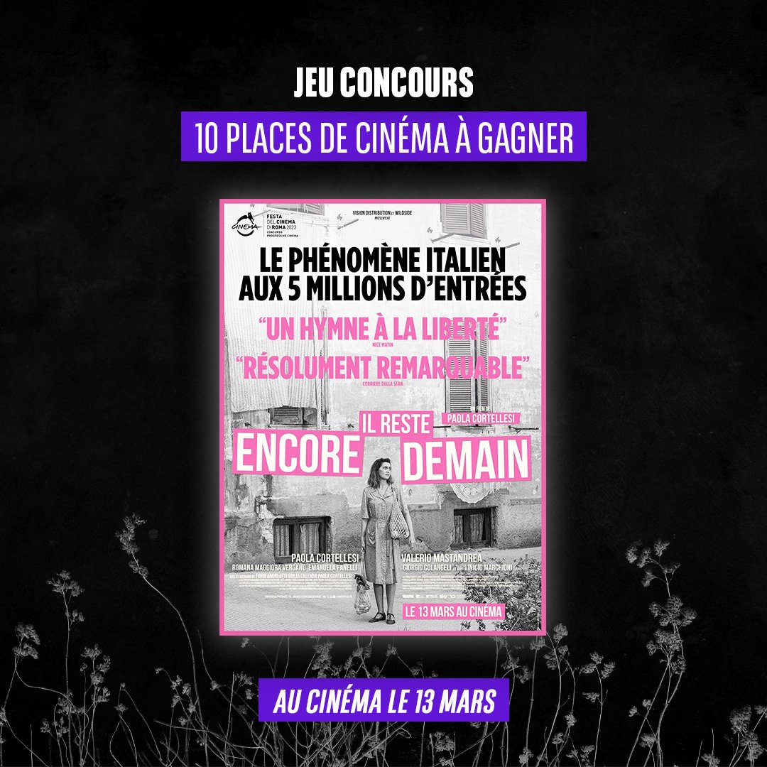 🎬 JEU CONCOURS 🎬

10 places de cinéma sont à gagner pour découvrir #IlResteEncoreDemain, le plus gros succès du box-office italien en 2023 🇮🇹

Pour participer :
- Suivre @welovecinemafr
- RT la publication

Tirage au sort le 13/03

@universalfr