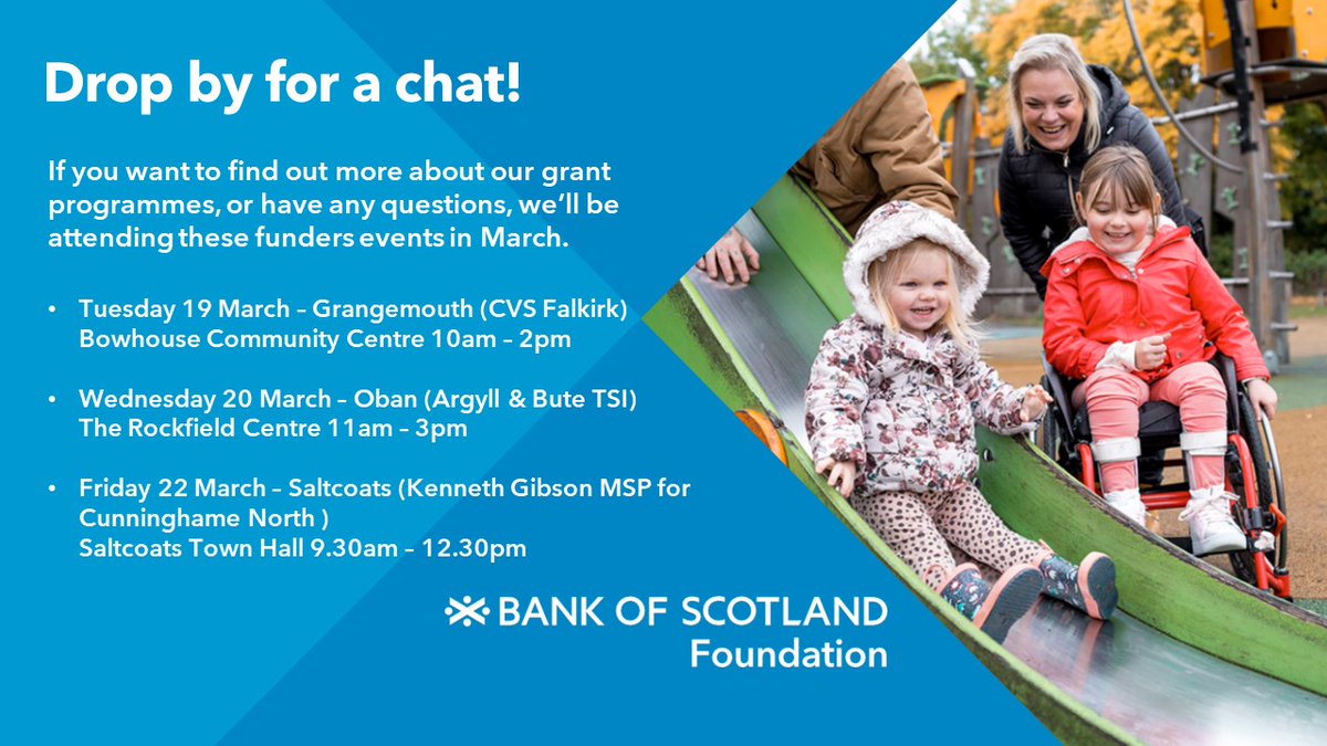 We're going to be on the road later this month, attending three funders events!

If you're in the area &amp; have any questions about our upcoming Energise or Enable grant programmes, drop by for a chat!

#BuildingABrighterFuture #KennethGibsonMSP #ArgyllAndButeTSI #vulnerablepeople