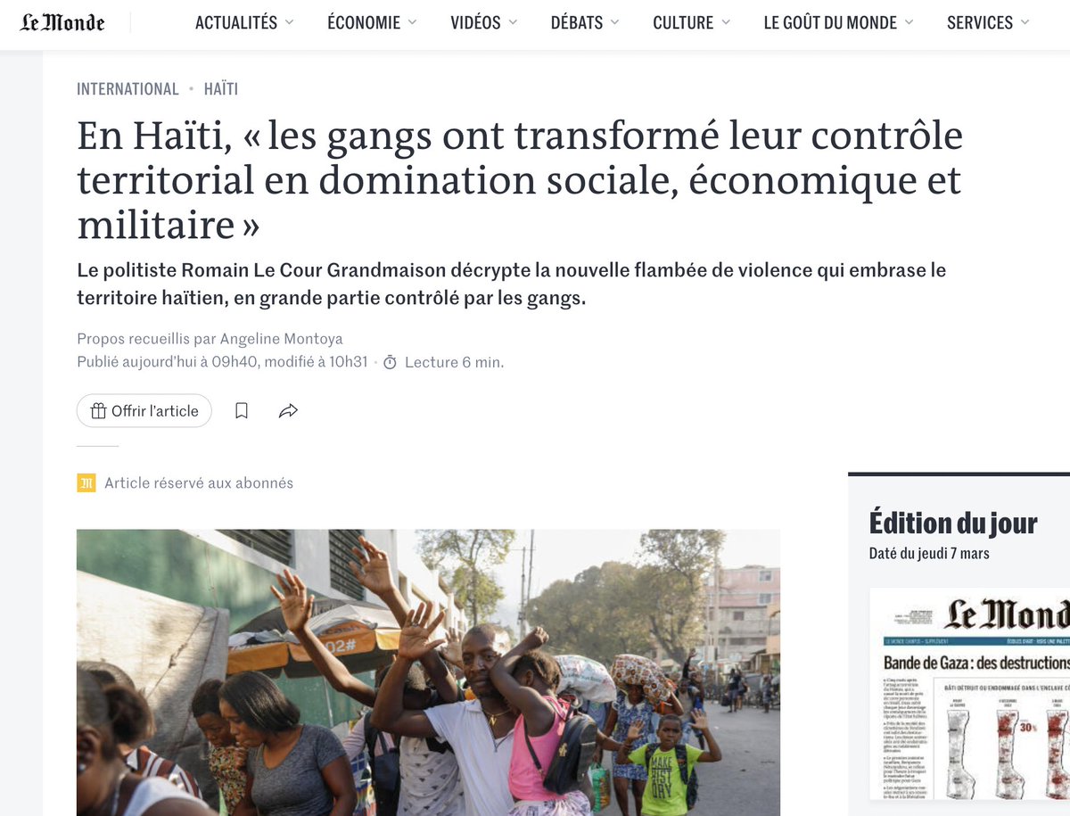 Merci @angelinemontoya pour cet entretien Analyse de la situation en #Haïti 🇭🇹 Principal message: la violence et pression maximales sur le gouvernement, exercée par les gangs, ne doit pas masquer les enjeux politiques profonds. Article ▶️ shorturl.at/eiz48 Et fil 👇