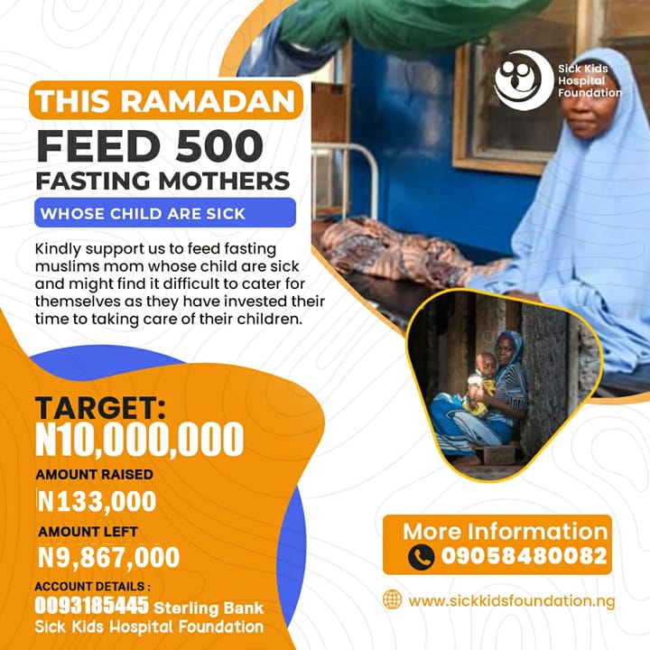 .....

_4 days to Ramadan_

God tells us in the Qur'an that whatever we give away generously, with the intention of pleasing Him, He will replace and multiply.

0093185445
Sterling bank
Sick Kids Hospital Foundation

#RamadanBlessings
#Feed500Mothers
#SpreadLoveAndNourishment