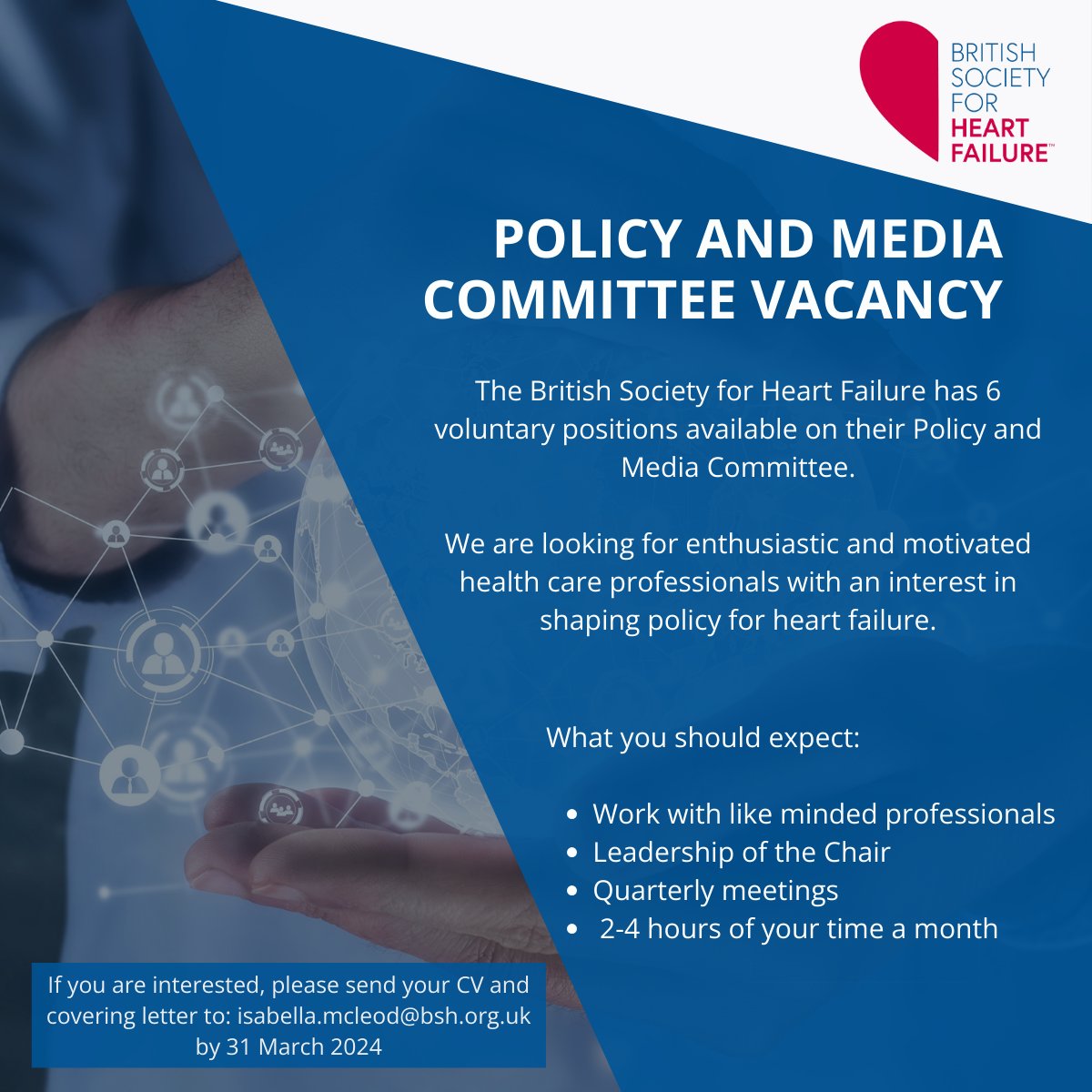 The BSH have 6 vacancies coming up on their Policy and Media committee! Get involved and help us shape future policy for #HeartFailure. Visit our website at bsh.org.uk/opportunities for more information and to apply. #25in25 #FreedomfromFailure