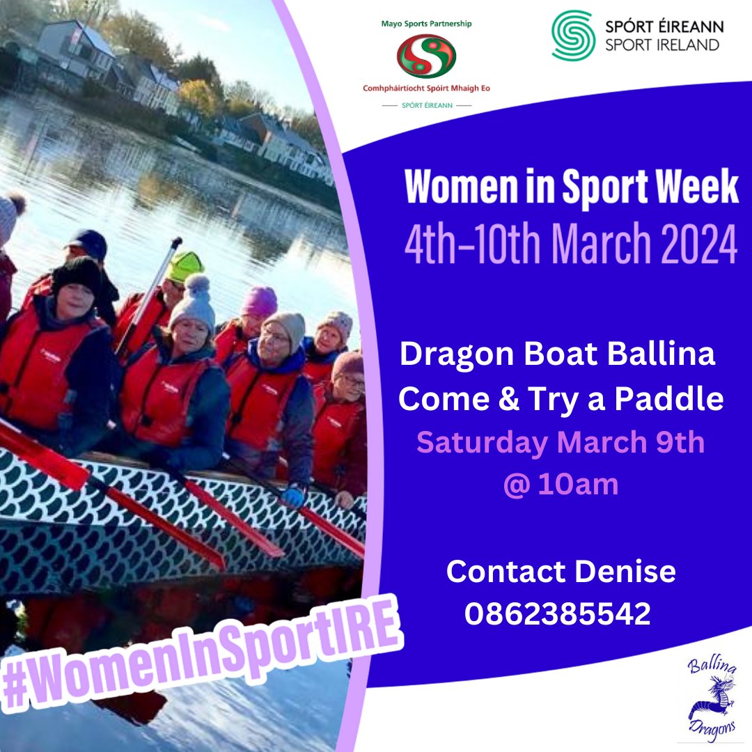 **Dragon Boat Ballina - Come & Try a Paddle ** Celebrating Women in Sport Week 2024 ⏲️Sunday March 9th @ 10am 📍Ballina To reserve your spot 👉Contact Denise : 086 238 5541 #womeninsportire