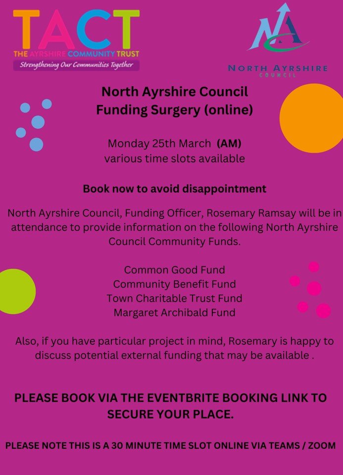 Do you want to find out more about funding? A funding surgery is being held on Monday 25th March 2024. To book a place please visit👇 eventbrite.co.uk/e/nac-funding-… @TAyrshireCT